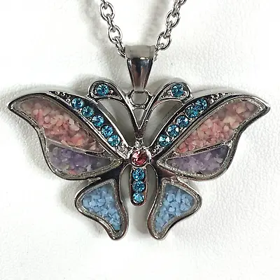 Vintage Stainless Steel Rhinestone Silver Tone Butterfly Pendant Necklace 19  • $21.99