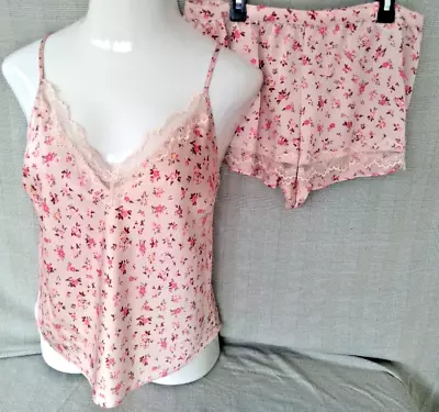 Victoria’s Secret Pj Sleep Set Satin Floral Pink Mix Size Cami Large Shorts Med • $24