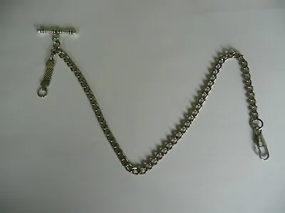 Antique Style Pocket Watch Chain Single Albert Silver Plated With Fob T Bar  • £8.99