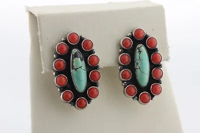 Navajo ML Perry Vintage Sterling Silver 925 Turquoise & Coral Cluster Earrings • $225
