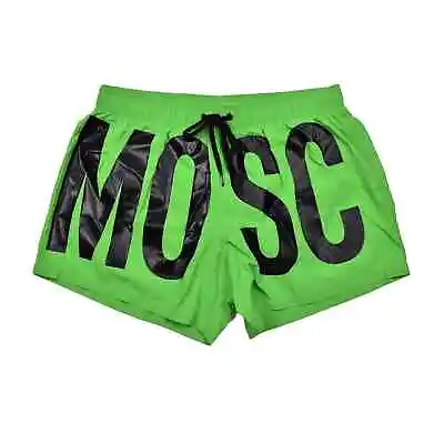 MOSCHINO MEN'S BLACK ON NEON YELLOW LOGO SWIM TRUNKS Size XL • $55