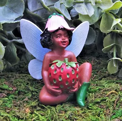 Miniature Fairy Garden Sitting Black Fairy Holding Strawberry - Buy 3 Save $5 • $11.35