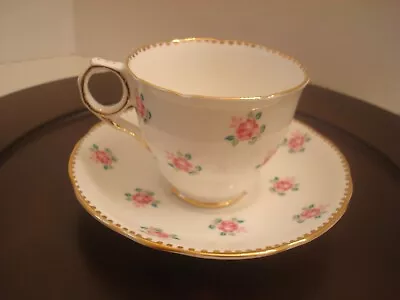 Vintage Royal Stafford Cup & Saucer Set  Tudor Rose  Pink Rosette Gold Teacup • $12.95