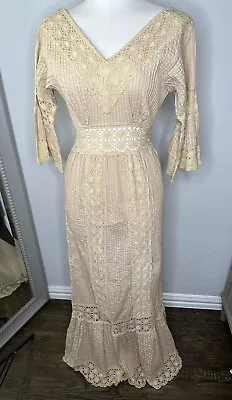 Vintage Mexican Pintuck Crochet Wedding Dress • $159.95