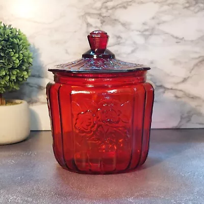 RED AMBERINA DEPRESSION STYLE GLASS MAYFAIR ROSE BISCUIT / COOKIE JAR Vintage • $28.95