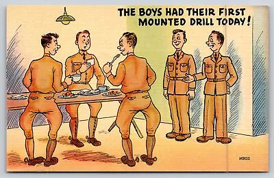 Military Comic~Soldiers Eat Standing Up~First Mounted Drill Today~Vtg Linen PC • $3.70