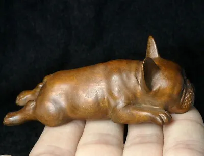 3.3in Japanese Boxwood Hand Carved Lovely Dog Figure Statue Desk Decoration Gift • £19.94