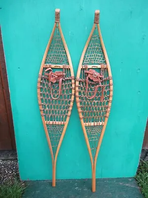 GREAT OJIBWA VINTAGE Snowshoes 60  Long X 12  Wide Leather Binding BLUE BIRD • $199.69