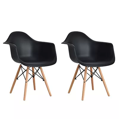 Costway 2 PCS Mid Century Molded Dining Arm Side Chair Kitchen Wood Legs Black • $79.95