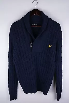 Lyle & Scott Men Jumper Cable Knit Casual Blue 100% Wool Shawl Neck Size M • £40.74