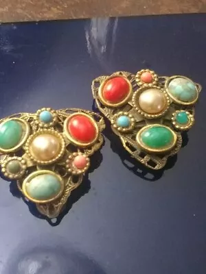 Antique Art Deco Pair (2) Filagree Brass Dress Clips Multicolor Faux Gem Stone • $13.60