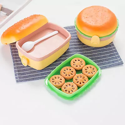 Hamburger Lunch Box 2 Tier Burger Bento Box Microwave Food Container W/Tableware • $11.15