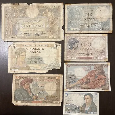 1939-1943 5 10 20 50 100 Francs WWII FRENCH BANKNOTE COLLECTION. 7 Notes • £66.53