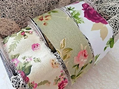 Bertie's Bows VINTAGE FLORALS - Linen Printed Frayed Edge Ribbon 50mm - 3 SHADES • £2.15