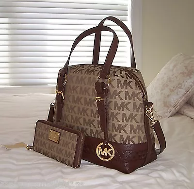 NWT Michael Kors GLADSTONE Lg Satchel Bag & ZA Cont Wallet MK Sig Jacquard MOCHA • $486