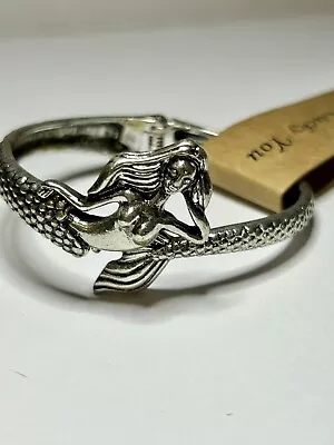 Mermaid Bracelet Silver Tone Hinged Bangle Unique Art Lucky You Ocean Sea Beach • $26.99