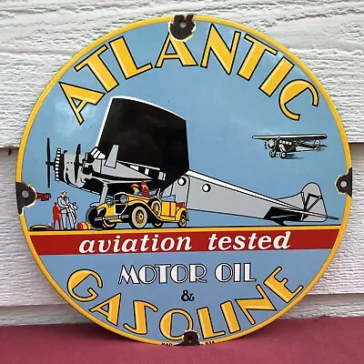Vintage Atlantic Aviation Motor Oil Gasoline 12” Porcelain Sign Gas Station • $29.99