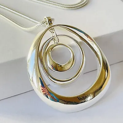 Silver Necklace Pendant Circle Statement  Long Women’s Costume Jewellery Gift UK • £14.95