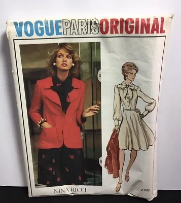 VTG 1970s VOGUE Paris Nina Ricci Sewing PATTERN #2742 DRESS BLAZER Sz 10 UNCUT • $14.96