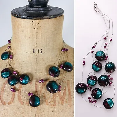 Blue Purple Foil Glass/FW Pearl Bead Illusion Necklace Multistrand Kinks To Wire • £5.99