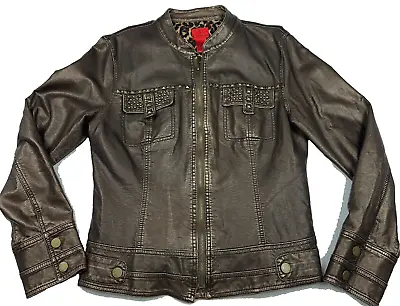 V Cristina Jacket Womens Large Faux Leather Metallic Studded Brown FLAW • $19.99
