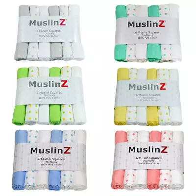 MuslinZ 6PK Baby Muslin Squares Cloths 70cms 100% Pure Soft Cotton Spots • £12.99