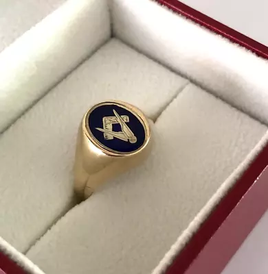 9ct Gold & Blue Enamel Masonic Swivel Signet Ring - Size T - 7.1g • £250