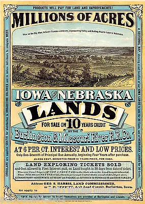 Burlington Missouri River Railroad Poster Iowa Nebraska Land Sale Ad PrintS 1872 • $9.98