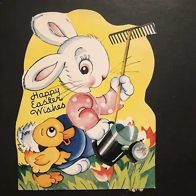 Vtg EASTER Card DieCut Cute Bunny Rabbit W/Rack Watering Can Duckling Mechanical • $4.99