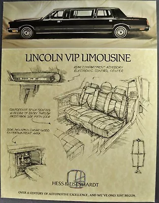 1987 Hess & Eisenhardt Lincoln VIP Limousine Brochure Sheet Town Car Original • $7.95