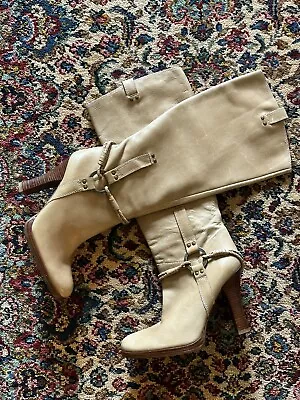Guess Detroit Vintage Saddle Tan Leather Tall Boots Heel 8 M Braided Strap Brass • $37.95