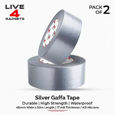 Duct Gaffer Tape Heavy Duty Waterproof Cloth Gaffa Duck Black Silver 50m X 2 • £7.45
