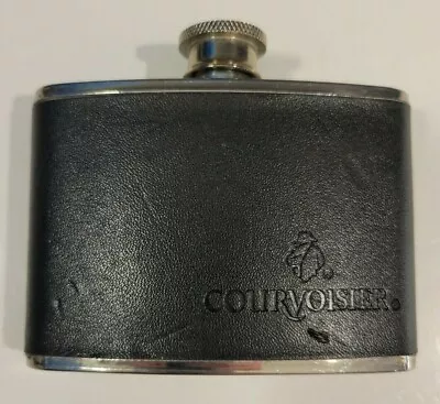 Mini 4 Oz Courvoisier Hip Flask Black Leather & Stainless Steel • $15