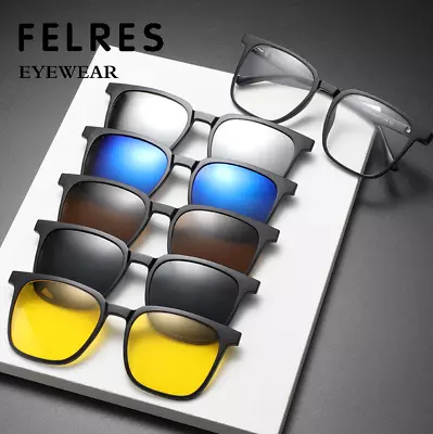 5 In 1 Magnetic Clip On Flip Up Polarized Sunglasses Men Square Glasses Frames • $21.57