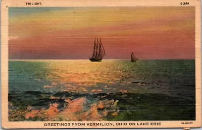 Greetings Vermilion OH Sailboats Lake Erie Sunset Ohio 1933 Linen Postcard HQ1 • $6.39