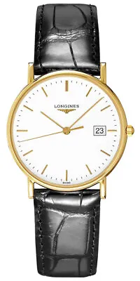 Longines Presence 18kt Gold Black Leather White Dial Date Mens Watch L47436122 • £2250.56