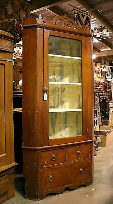 Primitive Pine Corner China Cabinet Cupboard Glass Door 3 Drawers Crown Antique • $1350