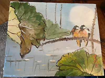 Vintage Chinese Original Oil PAINTING “Kingfisher Birds” Signed Asia Art • $49.99