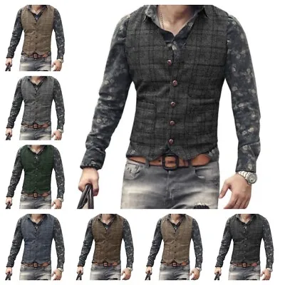 Mens Tweed Vest Vintage Retro Wool Blend Cowboy Business Waistcoat Large XL XXL • $25.16