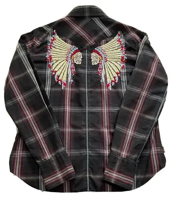 Levi's Mens Indian Skull War Bonnets Embroidered Western Plaid Shirt Size Medium • £27.99