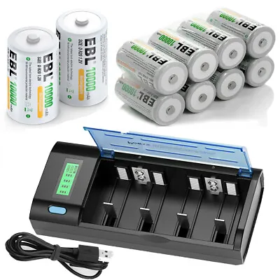 EBL Lot D Size Cell Rechargeable 1.2V NI-MH Batteries 10000mAh / Battery Charger • $17.99
