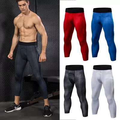 Mens Compression 3/4 Tights Sport Gym Fitness Workout Bottoms Moisture Wicking • $12.59