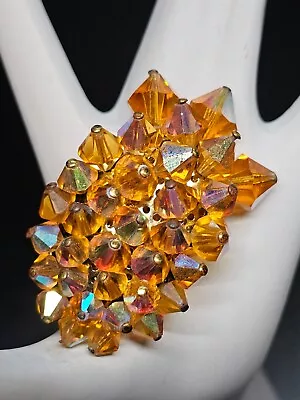 Vtg Orange AB Rhinestone Beaded Brooch By Vendome • $35