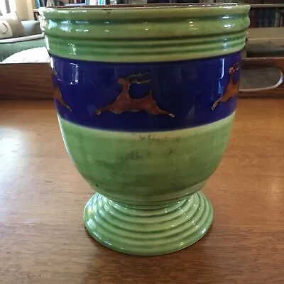 Vintage ENESCO Reindeer Planter Pot! Green & Blue Pottery 7” Tall X 6” Diameter • $9