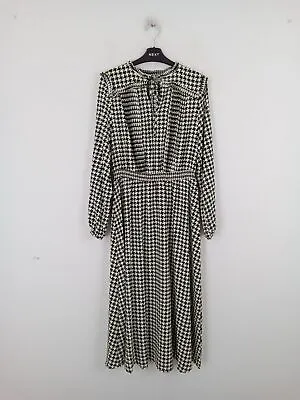M&S Dress Black White Yellow Dogtooth Tie Neck Frill Detail Maxi NWOT F2 • £12.99