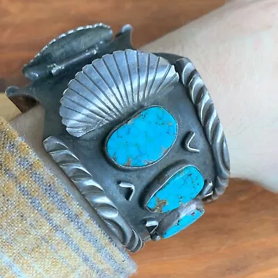 Native American Sterling Silver Turquoise Unmarked Watch Cuff Bracelet 144 Grams • $375