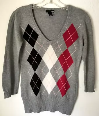 Women's H&M V-Neck Argyle Sweater Gray 3/4 Sleeve Preppy SMALL • $6.99