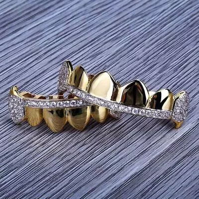 14k Gold Hip Hop Teeth Tooth Iced Micro Pave Fang Mouth Grillz Top And Bottom • $18