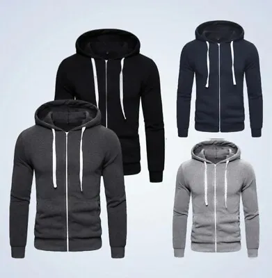 Mens Zipper Hoodie American Plain Fleece Zip Up Jacket Sweatshirt Hooded Top • £8.99