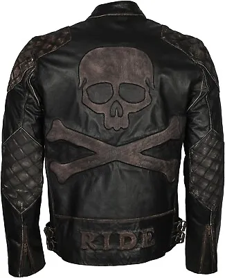 Men Skull Embossed Vintage Black Motorcycle Moto Biker Real Leather Jacket Man • $149.99